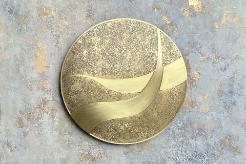 #59 Monica Johnson Unfolding Journey, 2025, etched brass rotating disc, gold leaf, acrylic, and mixed media on cradled wood panel